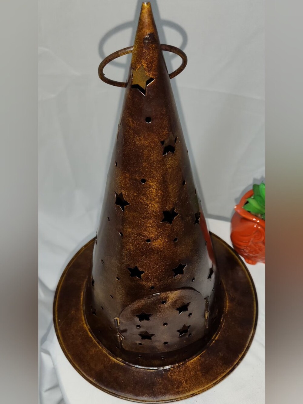 Rustic Metal Witch Hat Candle Holder With Punched Out Stars & Front Hinged Door